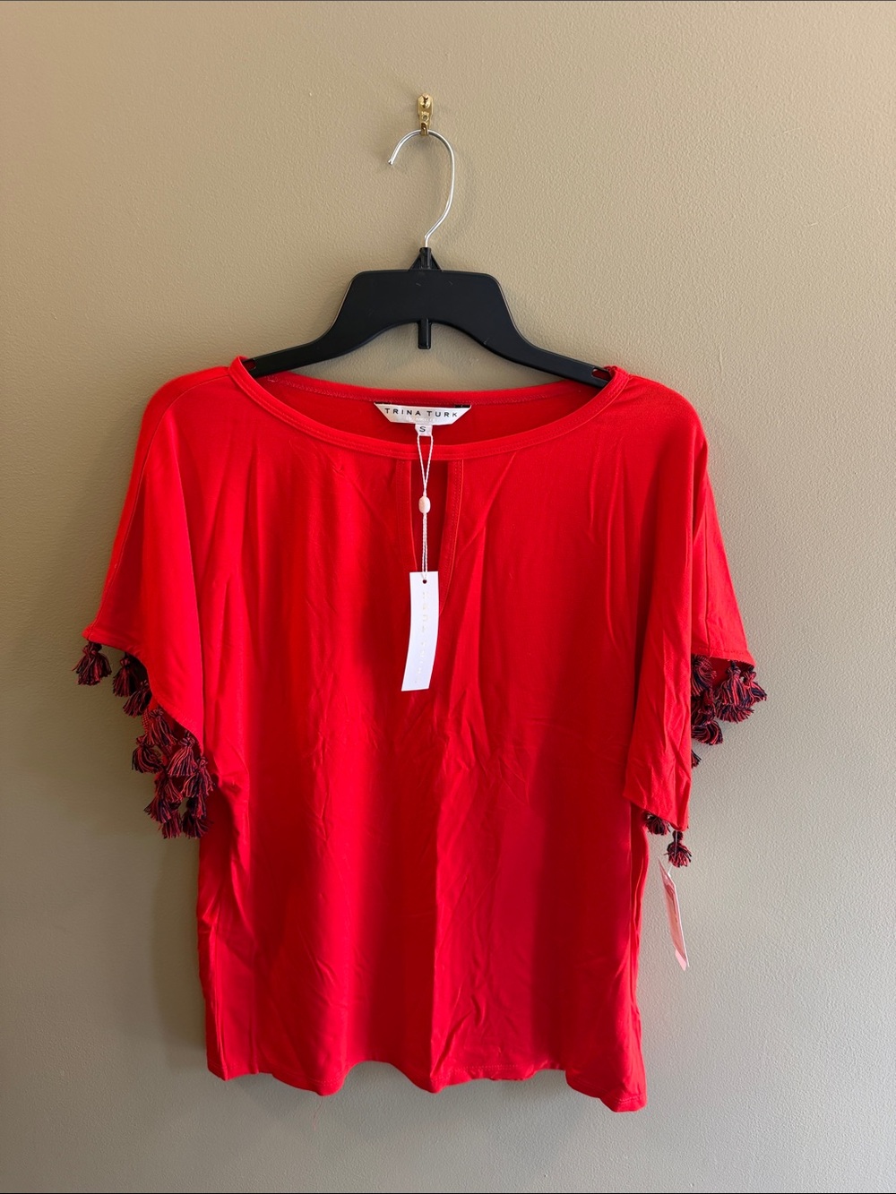 Trina Turk Red Short Sleeve Tee with Tassel Sleeve Detail
